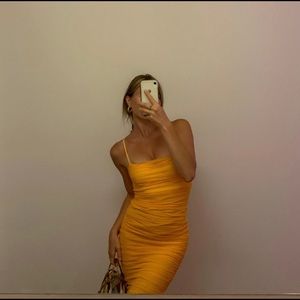 Aritzia mesh bodycon orange dress. Fits just above the knee and hugs so nicely